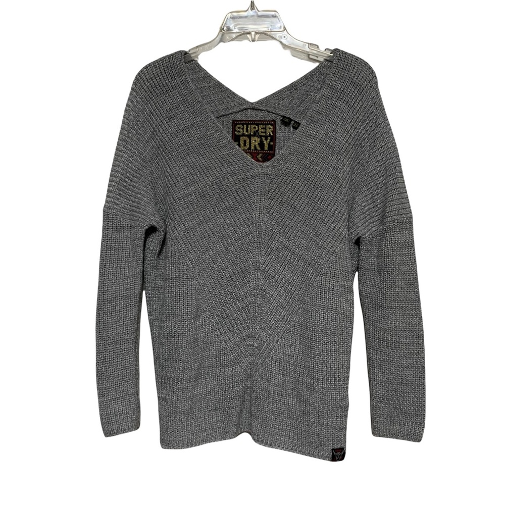 Women’s Superdry Slouched Double V-Neck Cable Knit Sweater Grey US 8 UK 12 EU 40